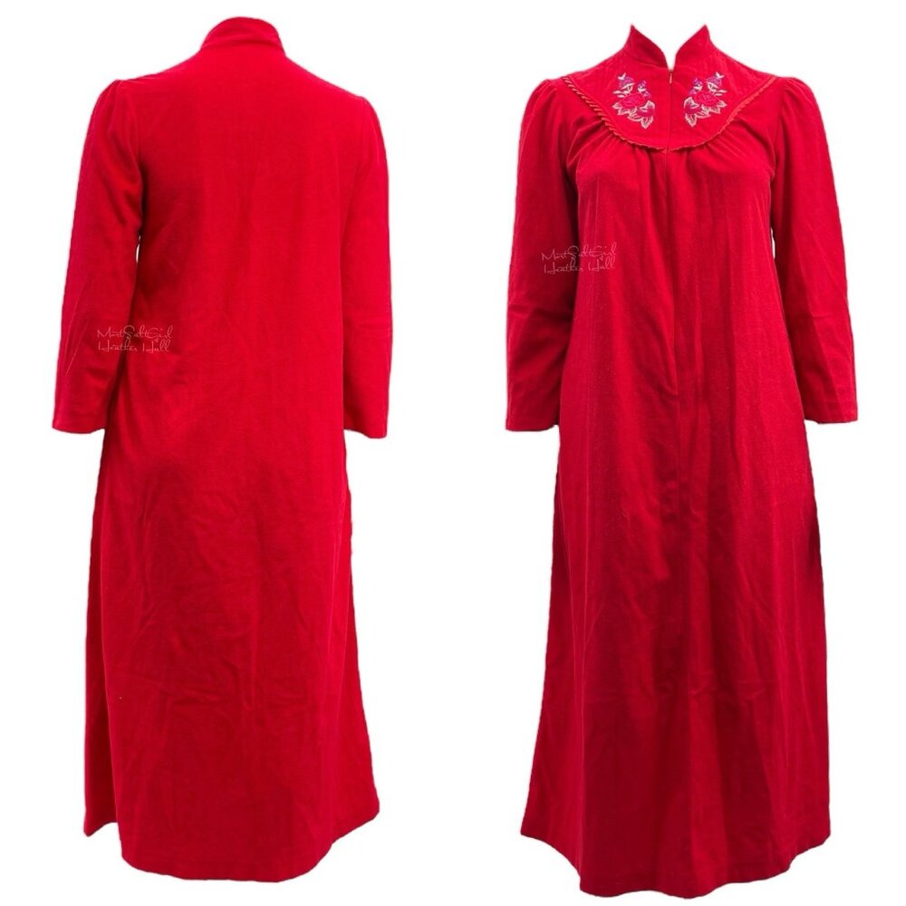 Adonna Vintage Floral Embroidered Ruffle Zip Front Maxi Housecoat Robe